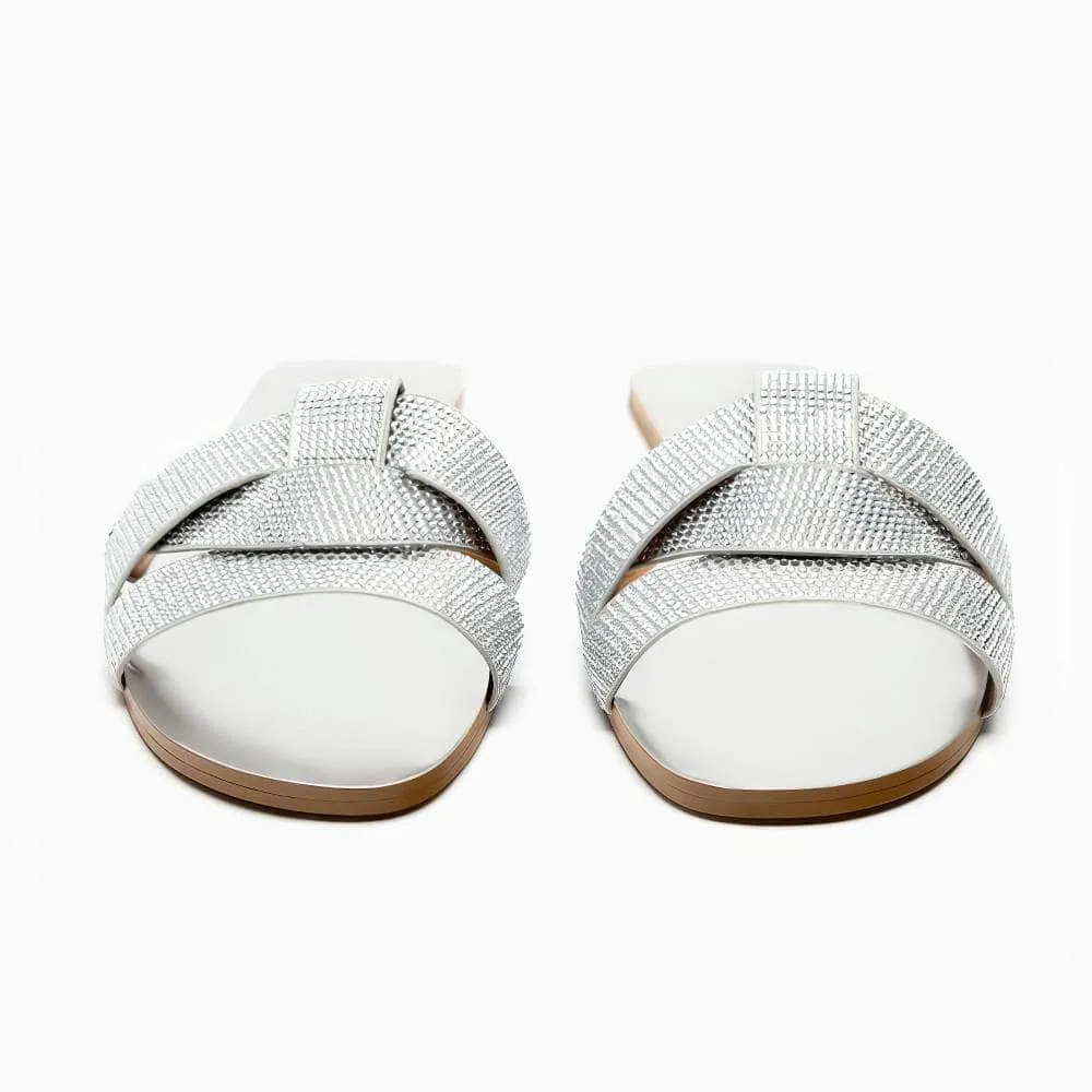 Interlocked Rhinestone Decorated Slip-on Flat Mules