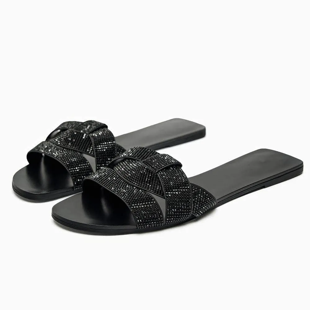 Interlocked Rhinestone Decorated Slip-on Flat Mules