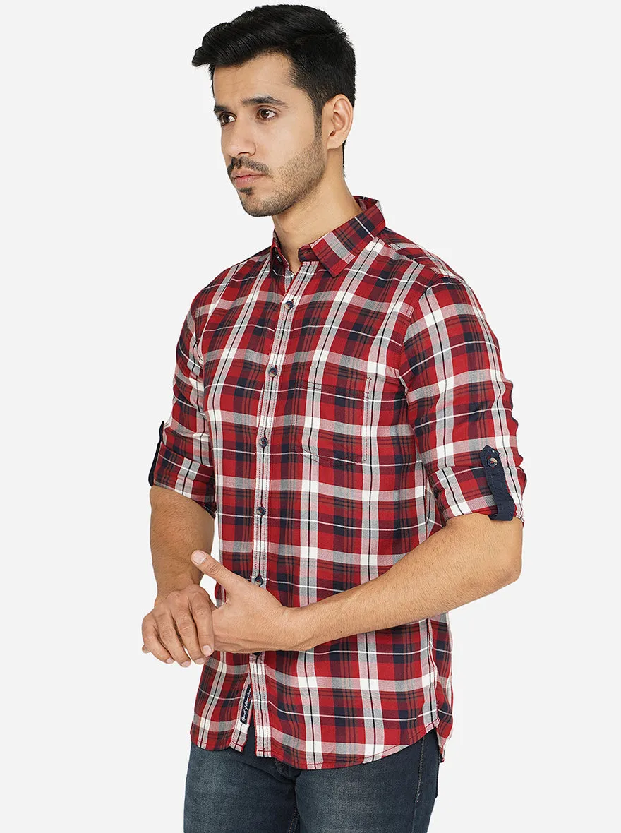 Maroon Checked Slim Fit Semi Casual Shirt | JadeBlue