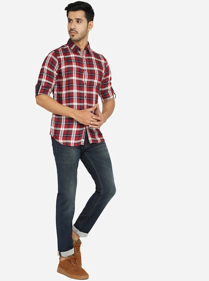 Maroon Checked Slim Fit Semi Casual Shirt | JadeBlue