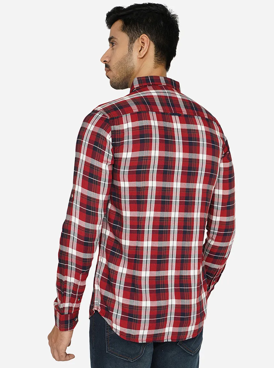 Maroon Checked Slim Fit Semi Casual Shirt | JadeBlue