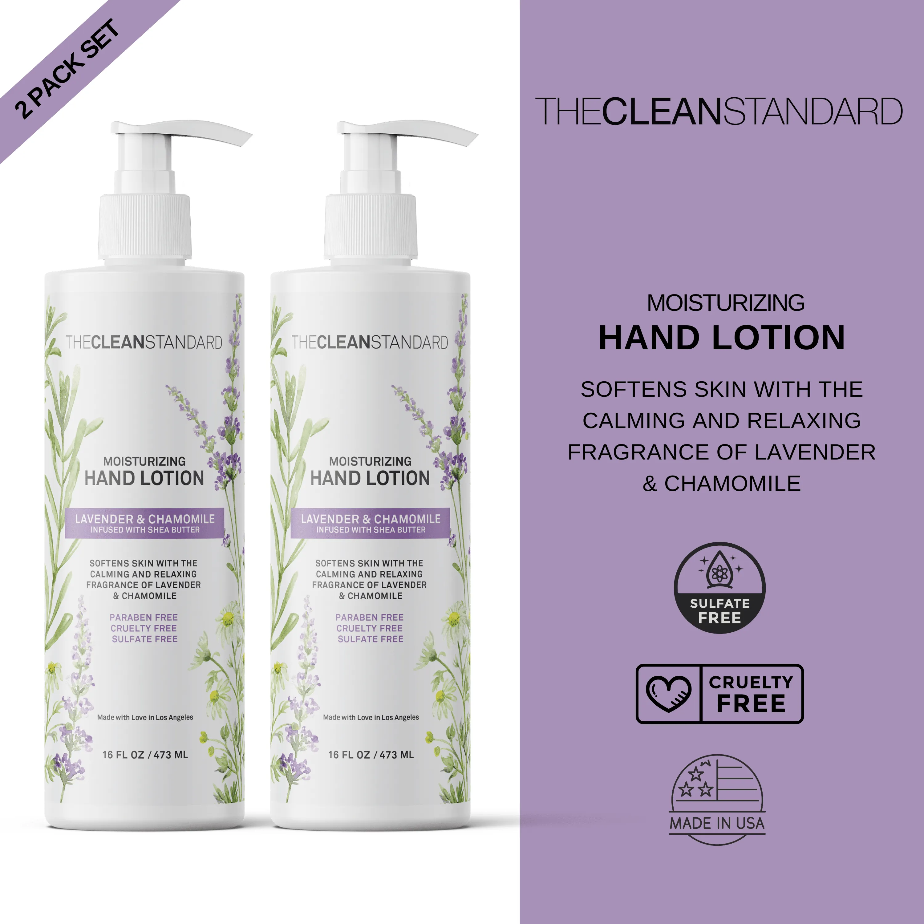 Moisturizing Hand Lotion for Dry Skin and Moisturizer with Shea Butter, Lavender and Chamomile | Hydrating Non Greasy Hand Cream for Women and Men by THE CLEAN STANDARD | 2 Bottle Set x 16 fl oz with Lotion Pump