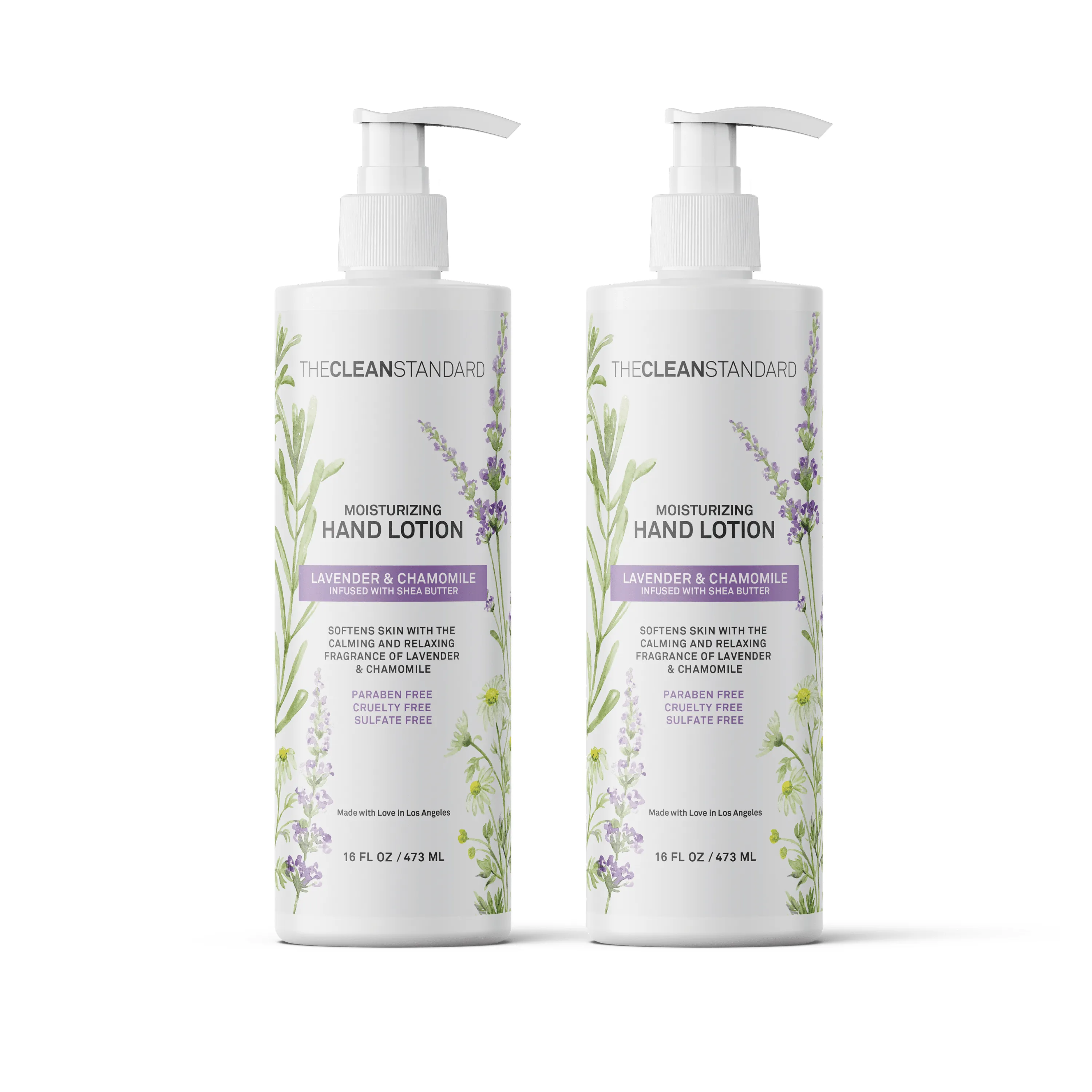 Moisturizing Hand Lotion for Dry Skin and Moisturizer with Shea Butter, Lavender and Chamomile | Hydrating Non Greasy Hand Cream for Women and Men by THE CLEAN STANDARD | 2 Bottle Set x 16 fl oz with Lotion Pump