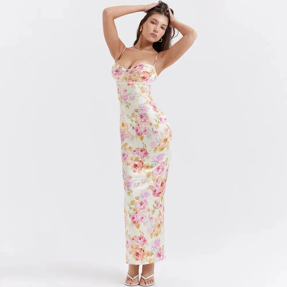 Obsidian Phoenix Women's Elegant Spaghetti Strap Floral Print Maxi Dress