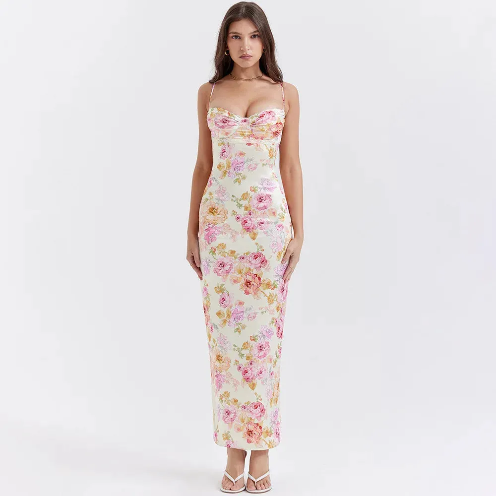 Obsidian Phoenix Women's Elegant Spaghetti Strap Floral Print Maxi Dress