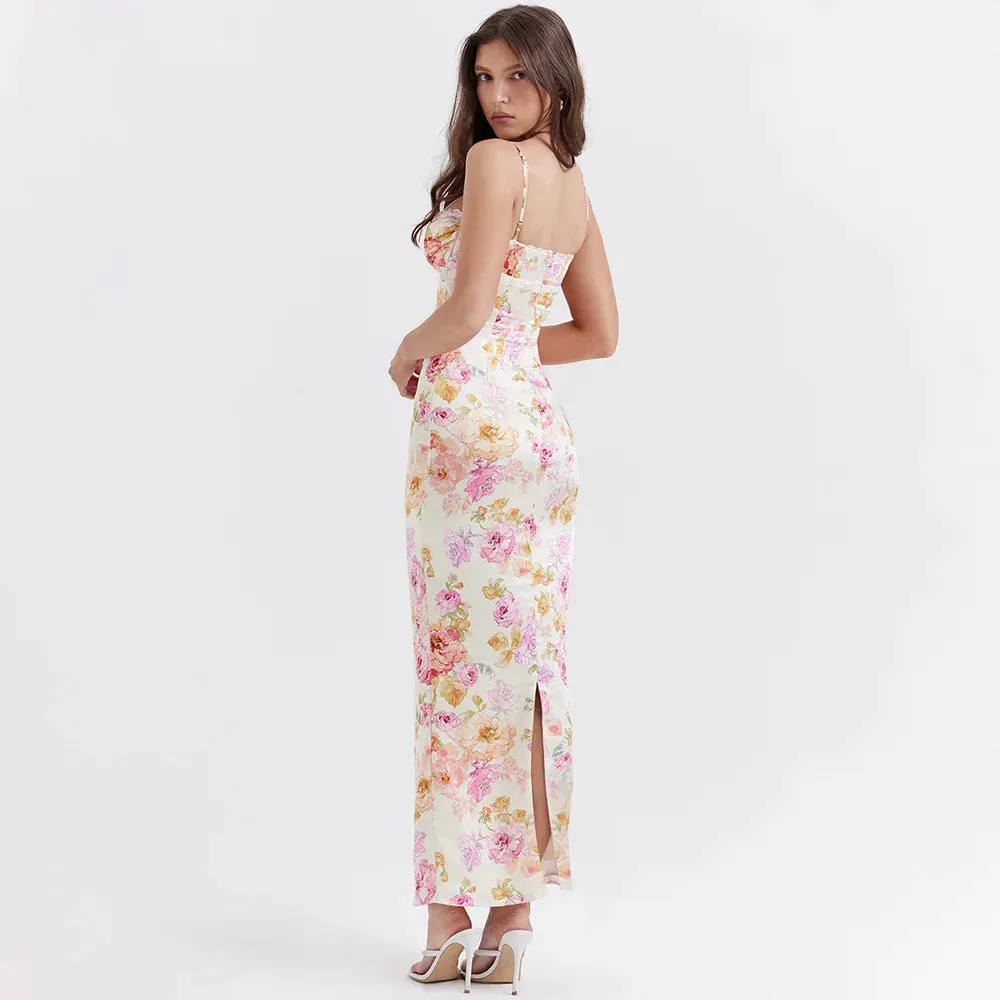Obsidian Phoenix Women's Elegant Spaghetti Strap Floral Print Maxi Dress