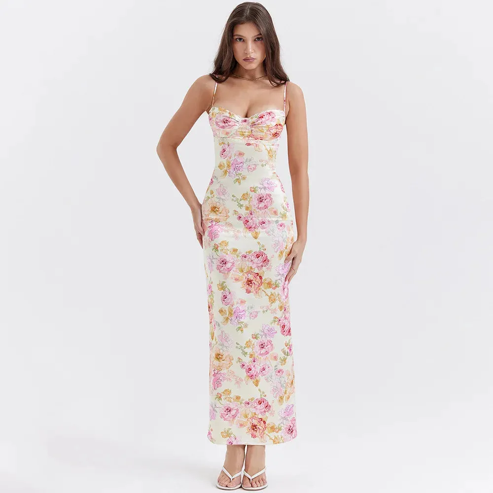 Obsidian Phoenix Women's Elegant Spaghetti Strap Floral Print Maxi Dress