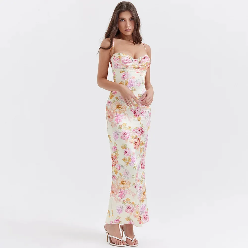 Obsidian Phoenix Women's Elegant Spaghetti Strap Floral Print Maxi Dress
