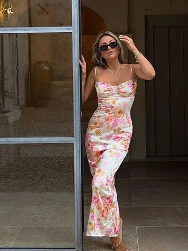 Obsidian Phoenix Women's Elegant Spaghetti Strap Floral Print Maxi Dress
