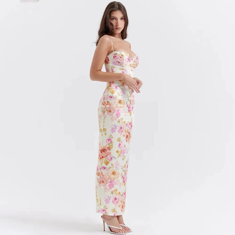 Obsidian Phoenix Women's Elegant Spaghetti Strap Floral Print Maxi Dress