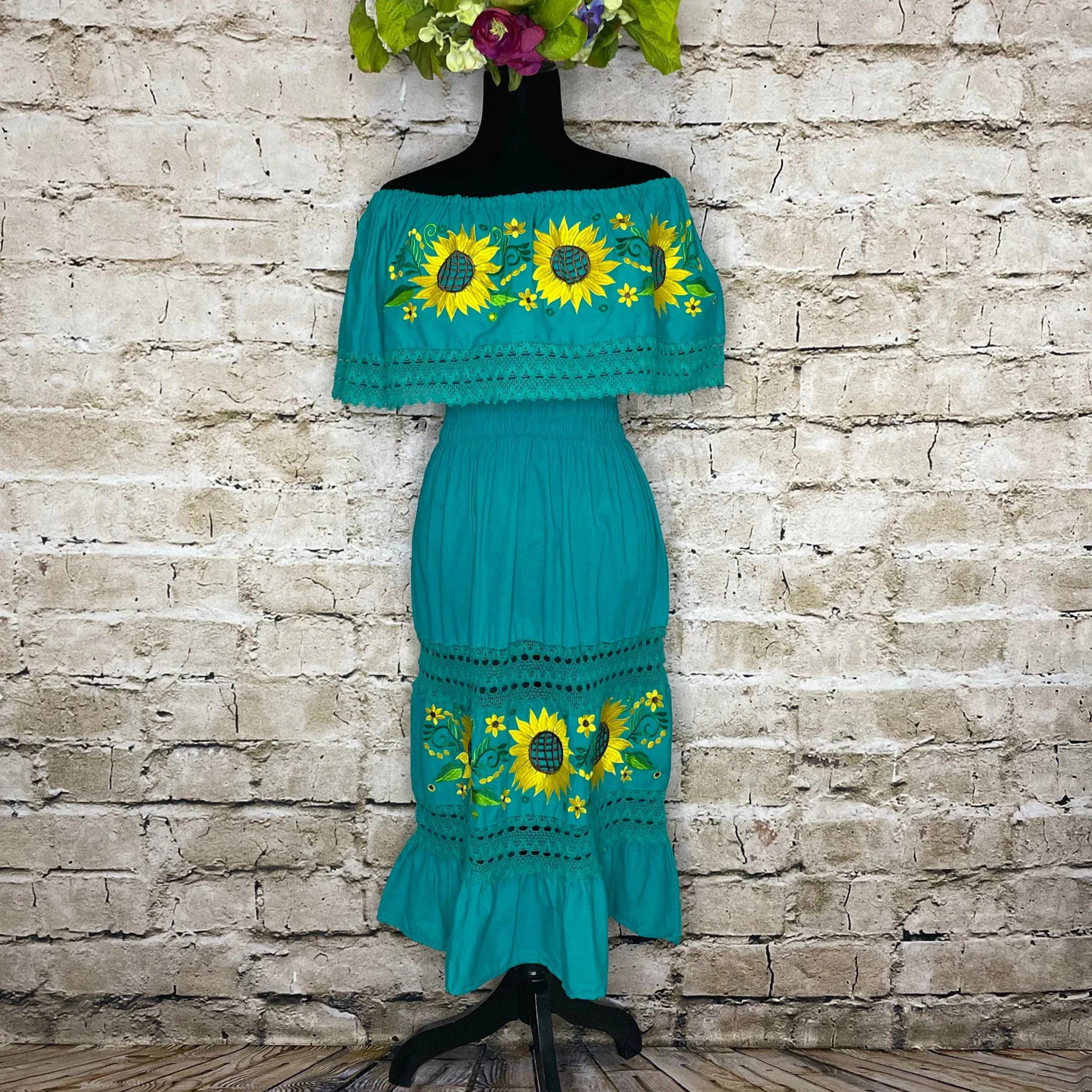 Off Shoulder Laced Midi Dress - Sunflowers
