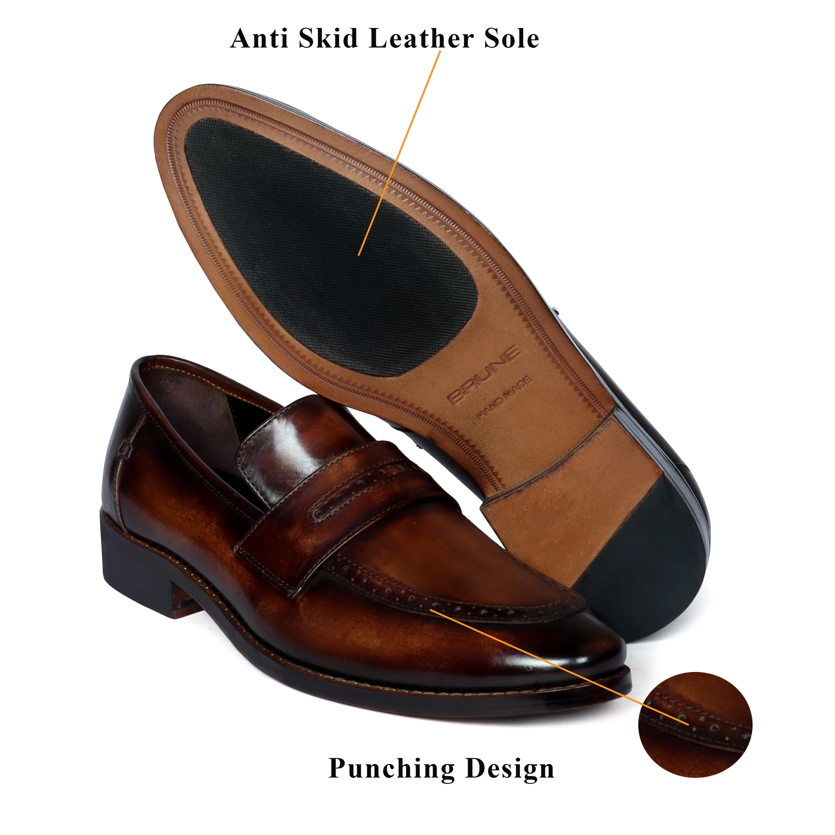 Patina Finish Leather Loafer with Brush Stroke Punching Apron Toe