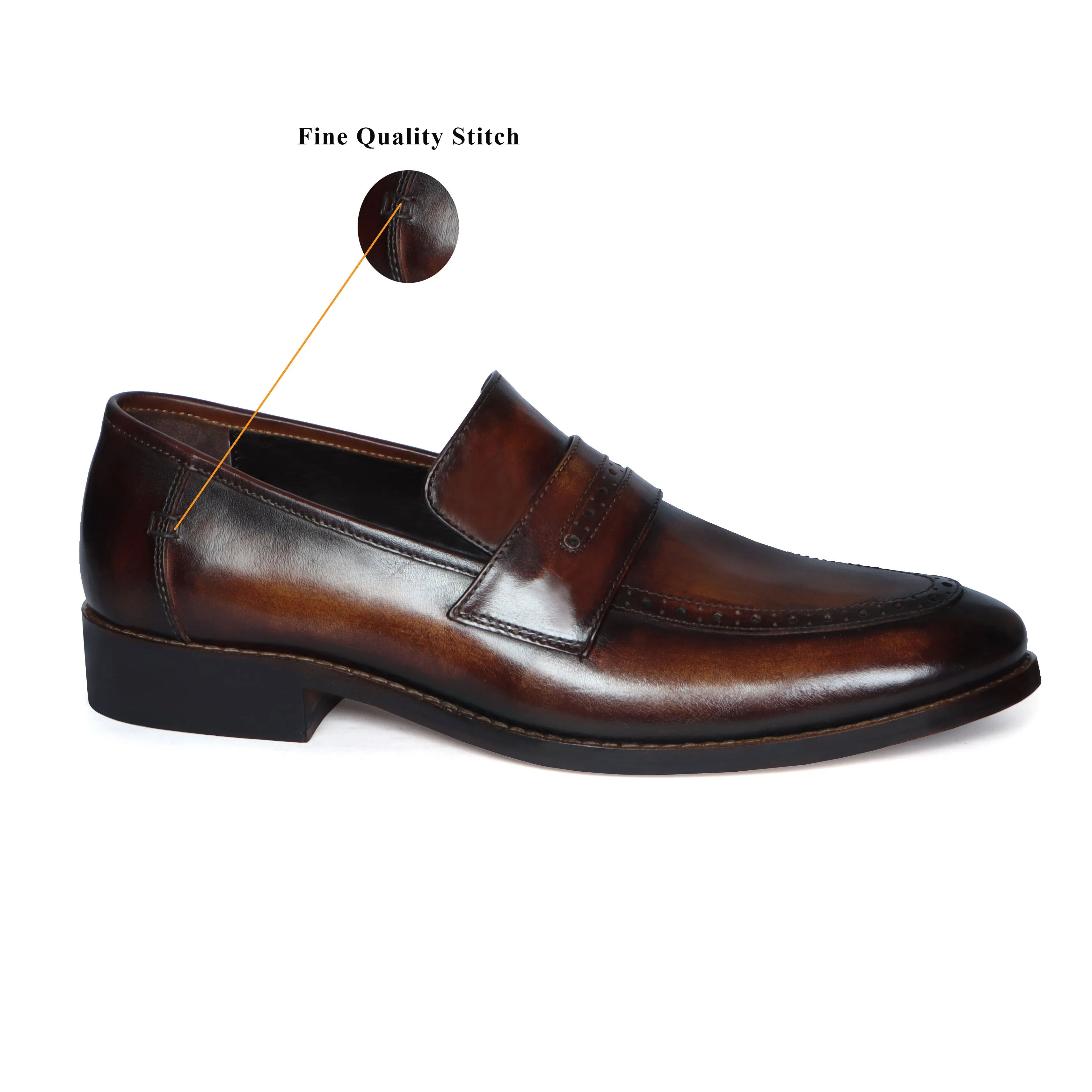 Patina Finish Leather Loafer with Brush Stroke Punching Apron Toe