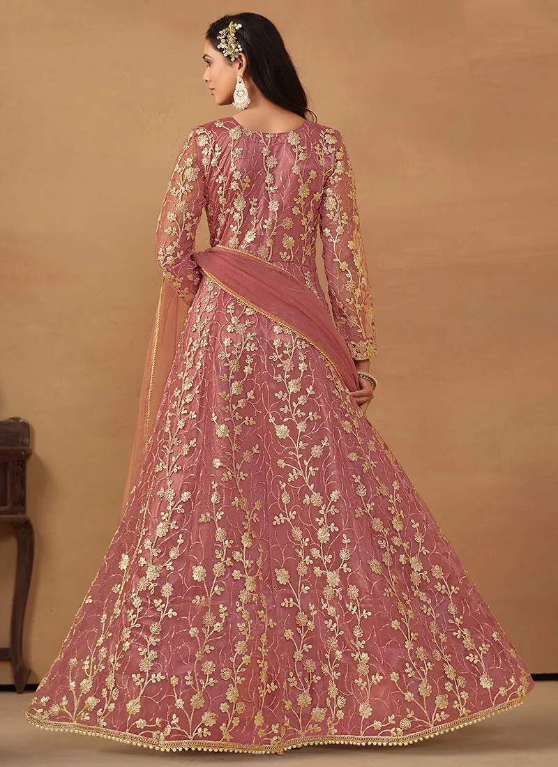 Pink Cording Embroidery Slit Style Anarkali Pant Suit