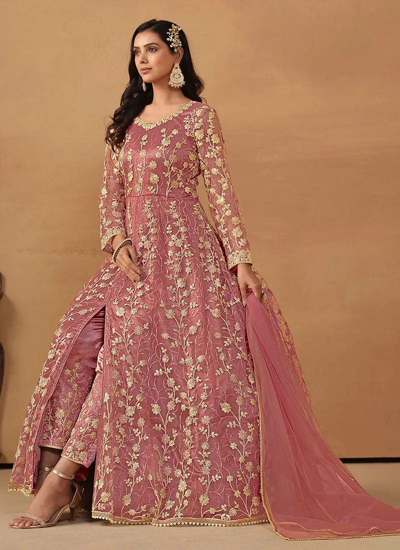 Pink Cording Embroidery Slit Style Anarkali Pant Suit