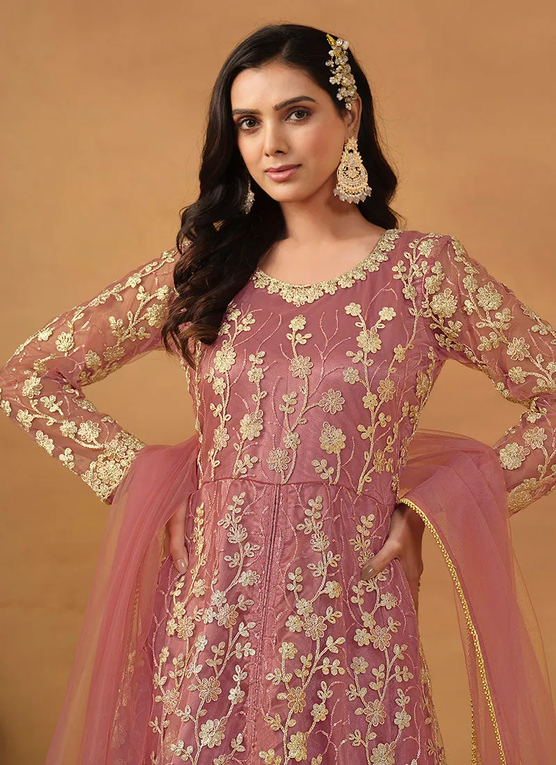 Pink Cording Embroidery Slit Style Anarkali Pant Suit