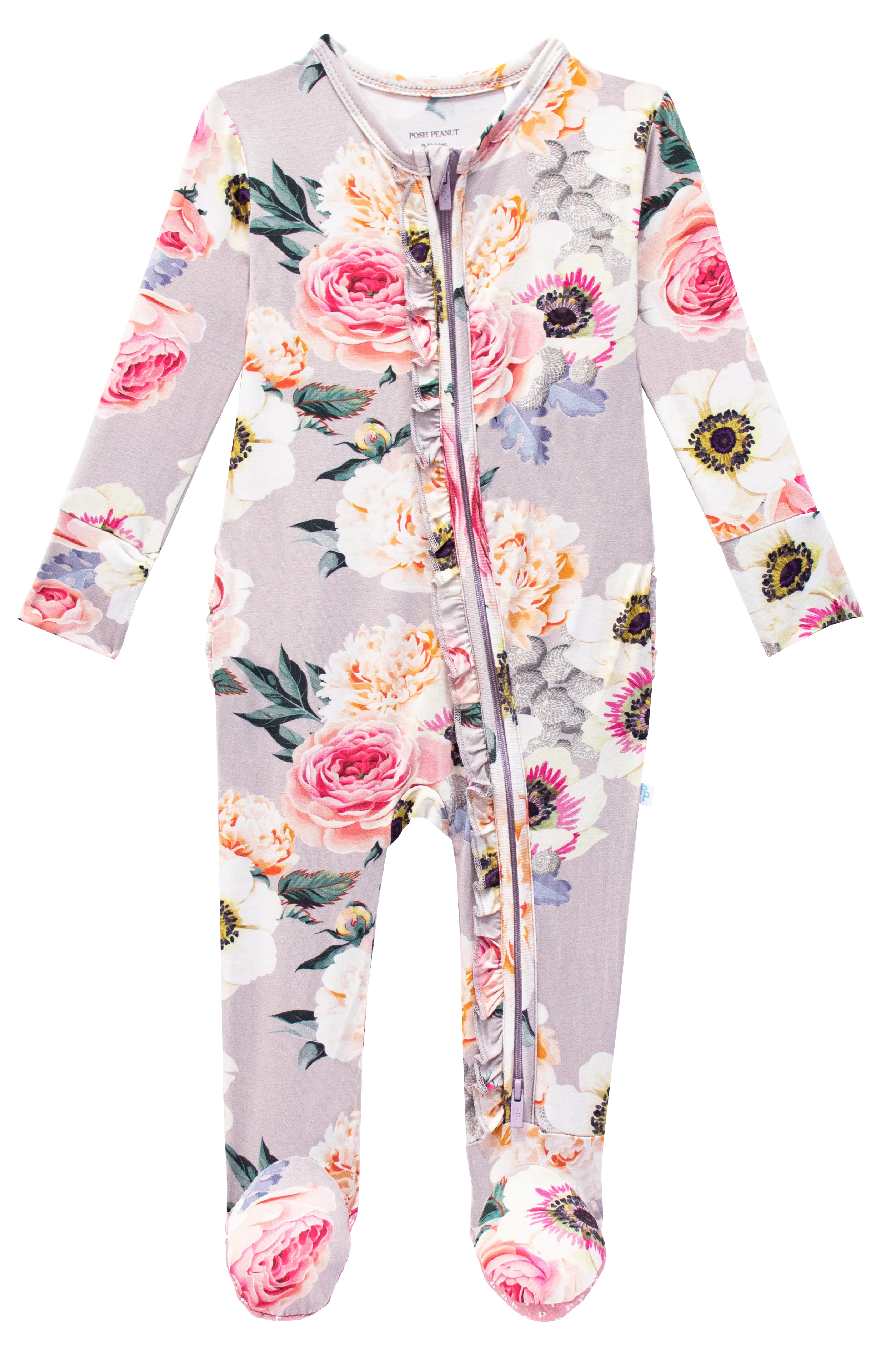 Posh Peanut French Gray Ruffled Zippered Footie