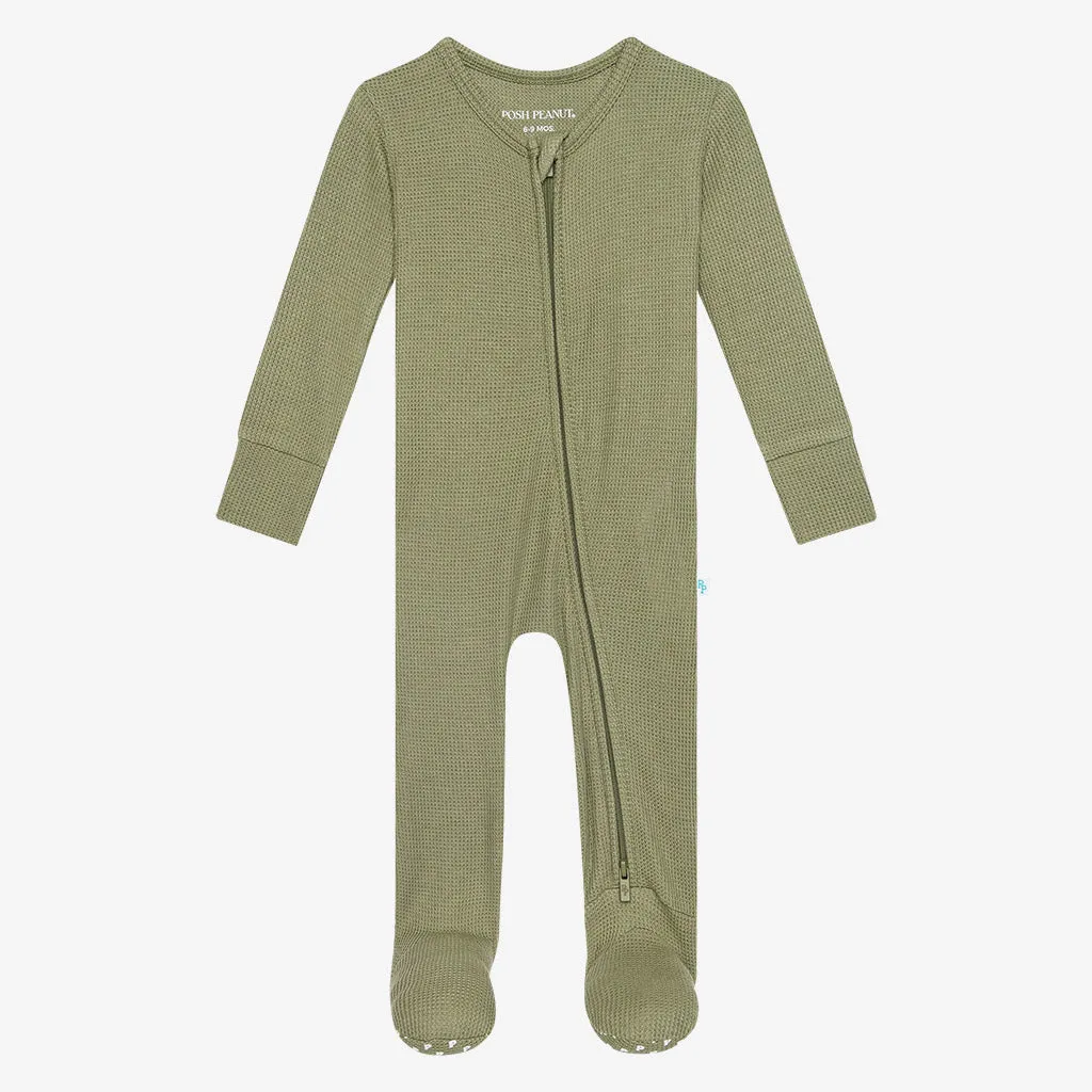 Posh Peanut Olive Waffle Footie with Zipper