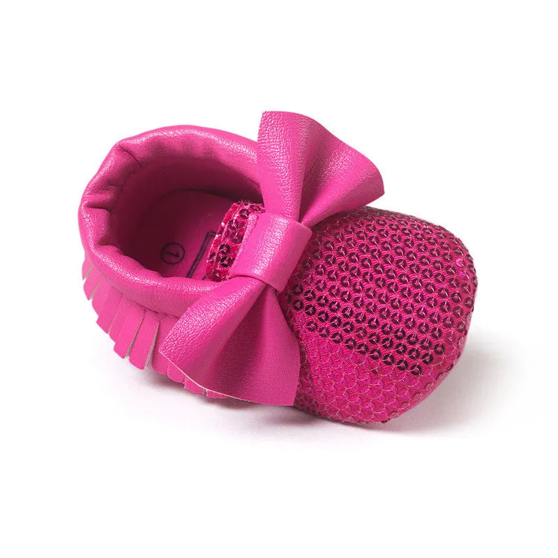 red sequins baby bow moccasins Bling Bling pu leather glitter baby girls dress shoes toddler soft sole moccs