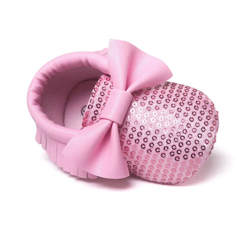 red sequins baby bow moccasins Bling Bling pu leather glitter baby girls dress shoes toddler soft sole moccs