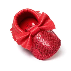 red sequins baby bow moccasins Bling Bling pu leather glitter baby girls dress shoes toddler soft sole moccs