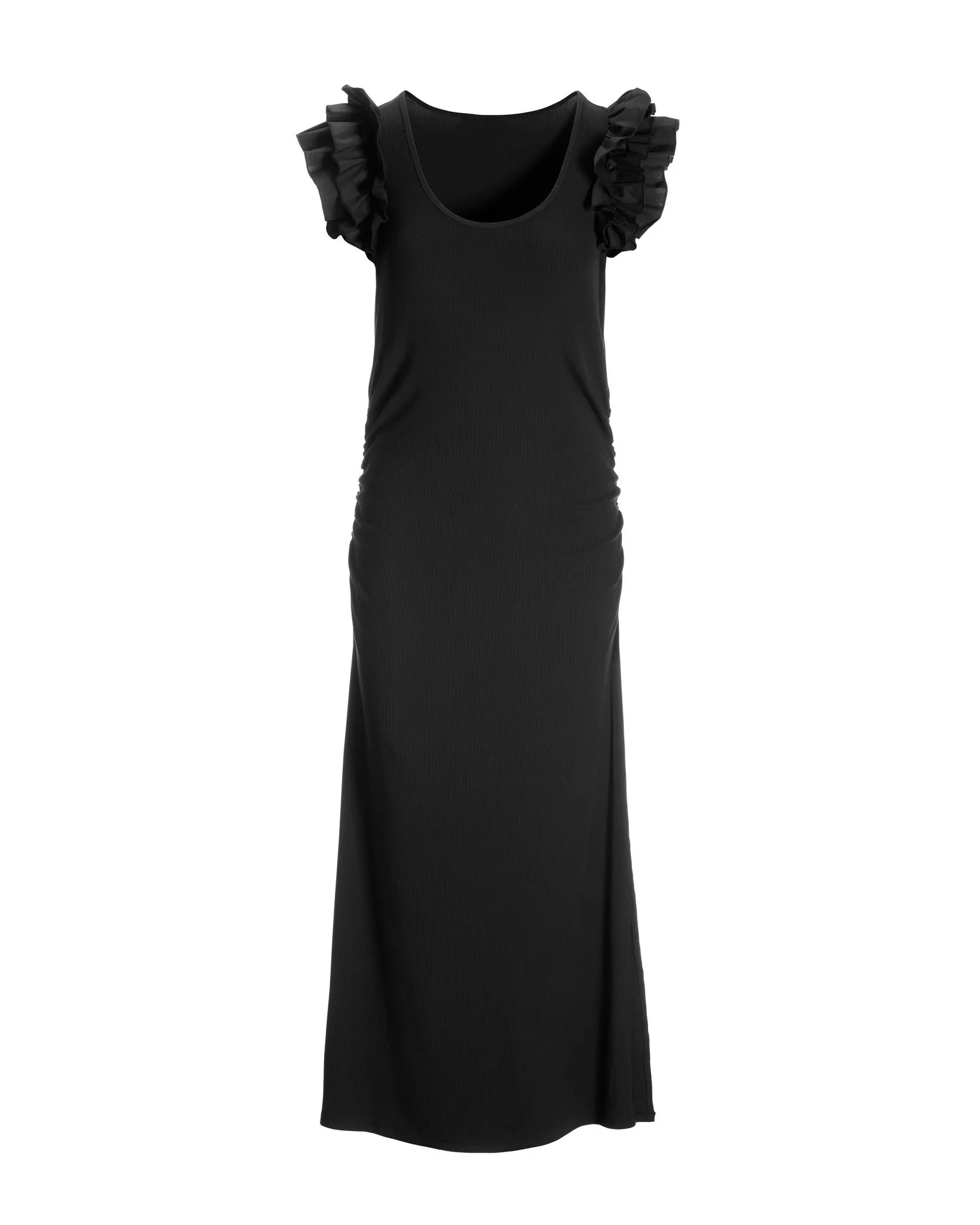 Ruffle Knit Rib Ruched Dress Black