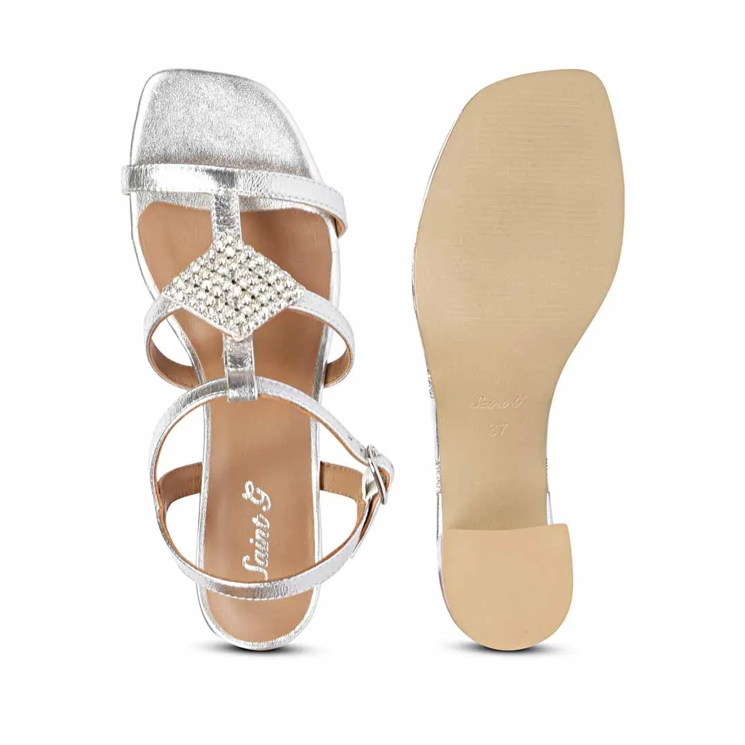 Saint Donya Stones Silver Metallic Leather Block Heels