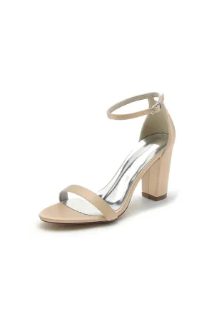Satin Open Toe Ankle Strap Chunky Heels