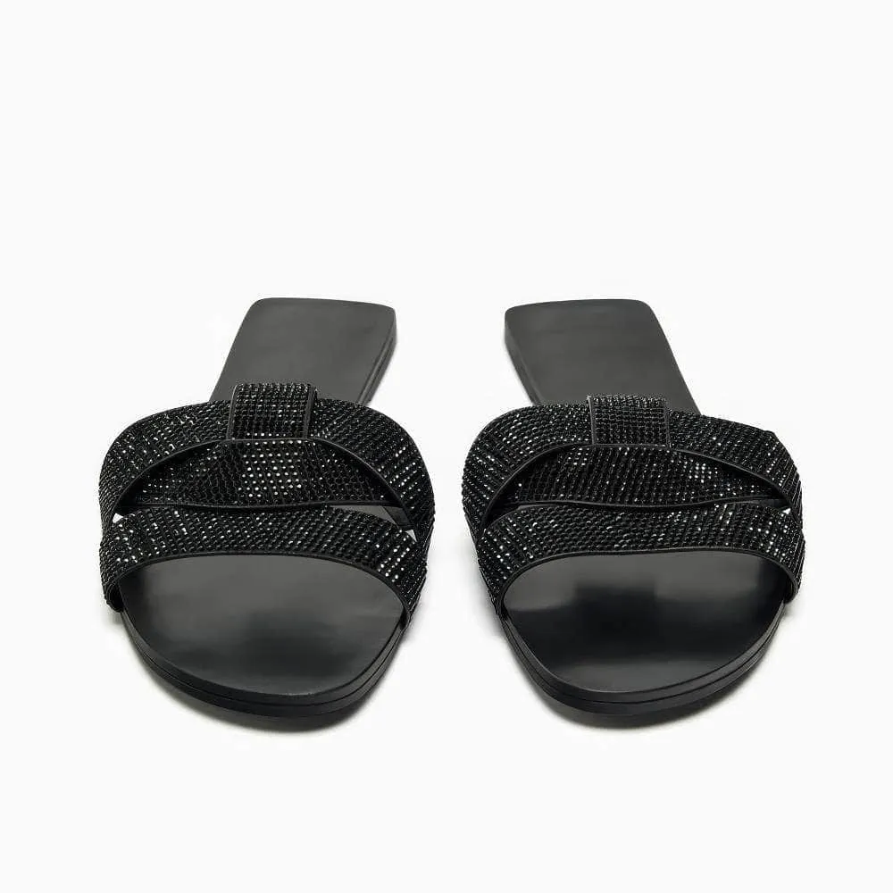 Sequins Interlocked Rhinestone Decorated Slip-on Flat Mules