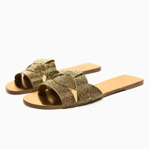 Sequins Interlocked Rhinestone Decorated Slip-on Flat Mules