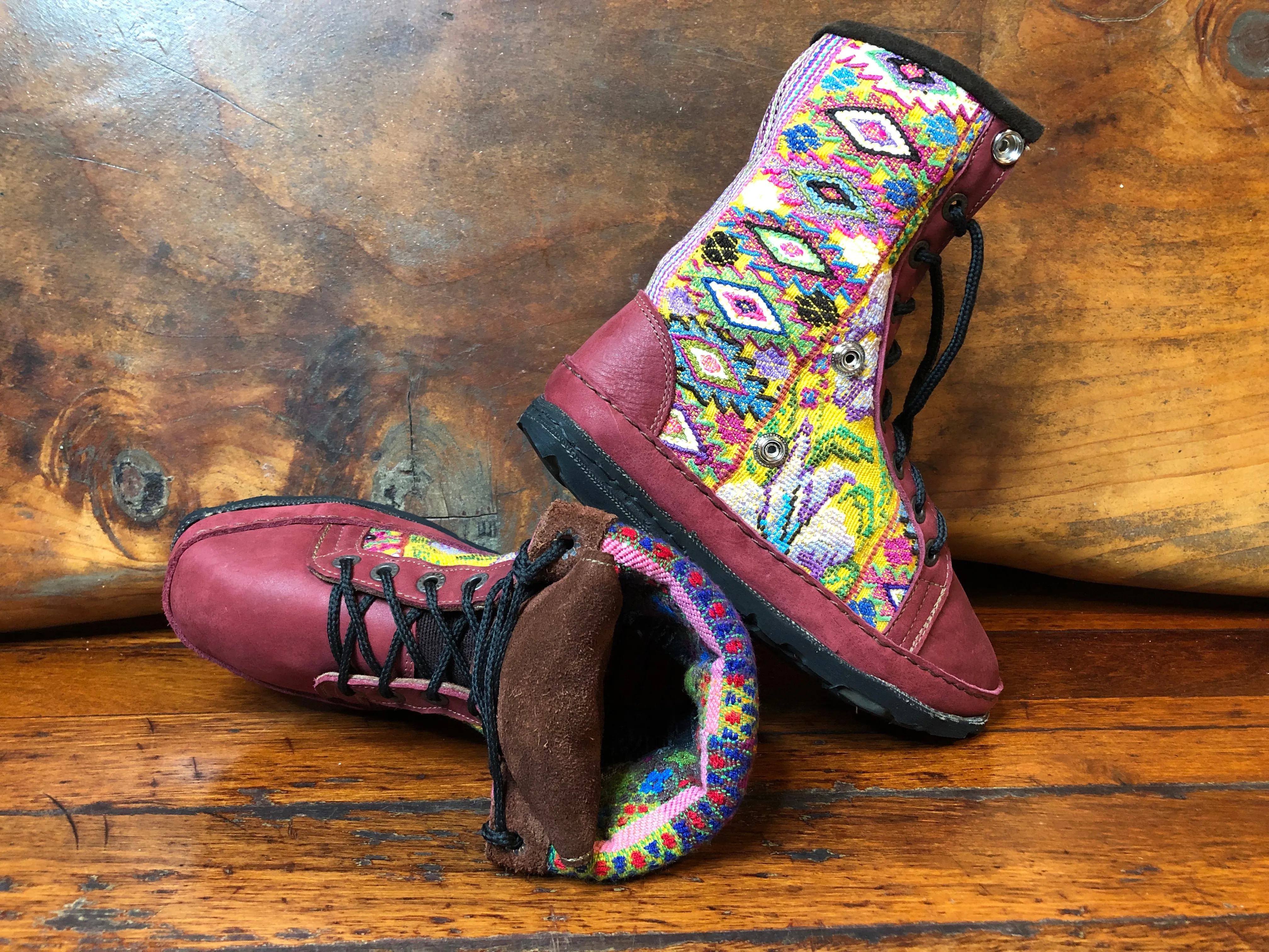 Size 38 Deluxe Desert Boots - Yellow Fiesta on Burgundy Leather