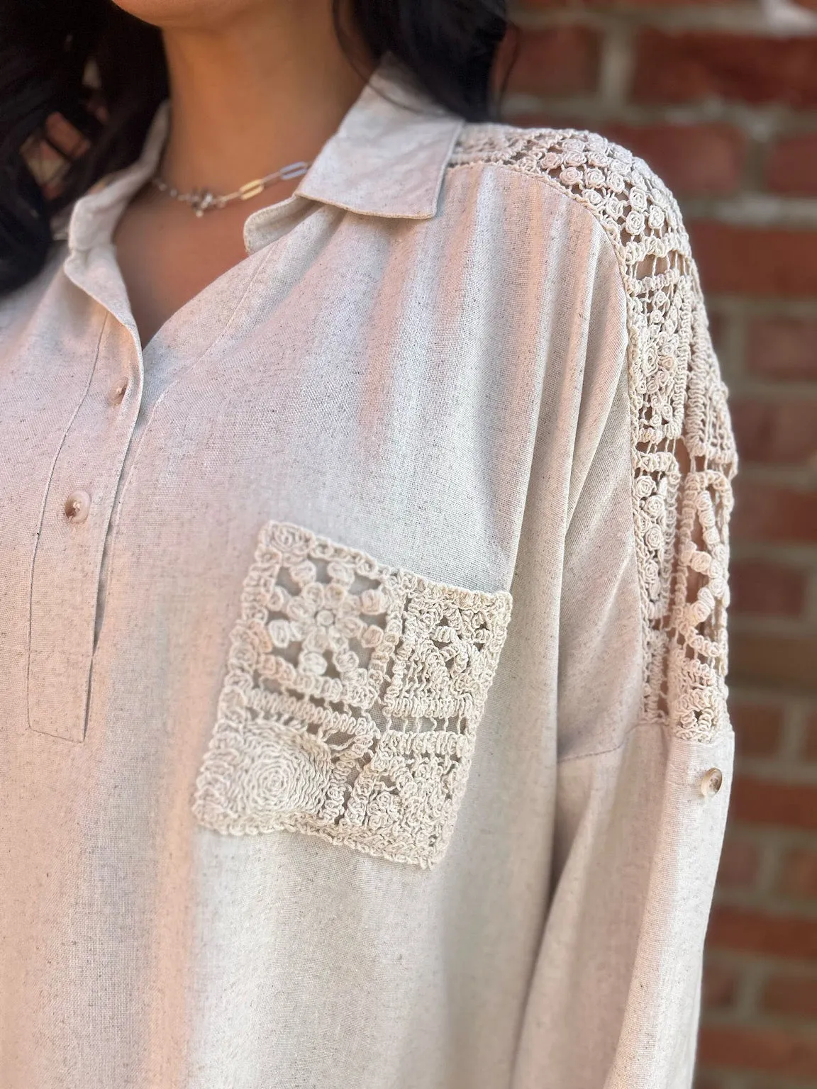 Stone Linen Blend Crochet Patterned Shirt Lois