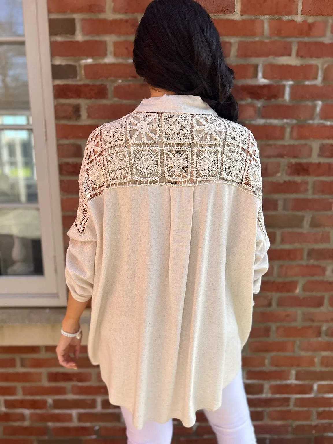 Stone Linen Blend Crochet Patterned Shirt Lois