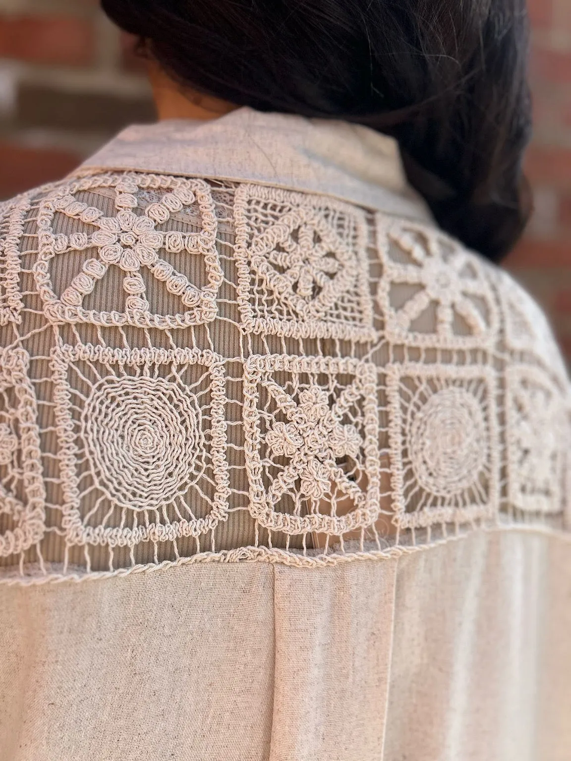 Stone Linen Blend Crochet Patterned Shirt Lois