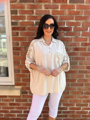 Stone Linen Blend Crochet Patterned Shirt Lois