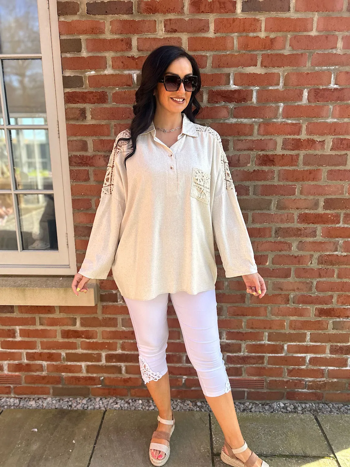 Stone Linen Blend Crochet Patterned Shirt Lois