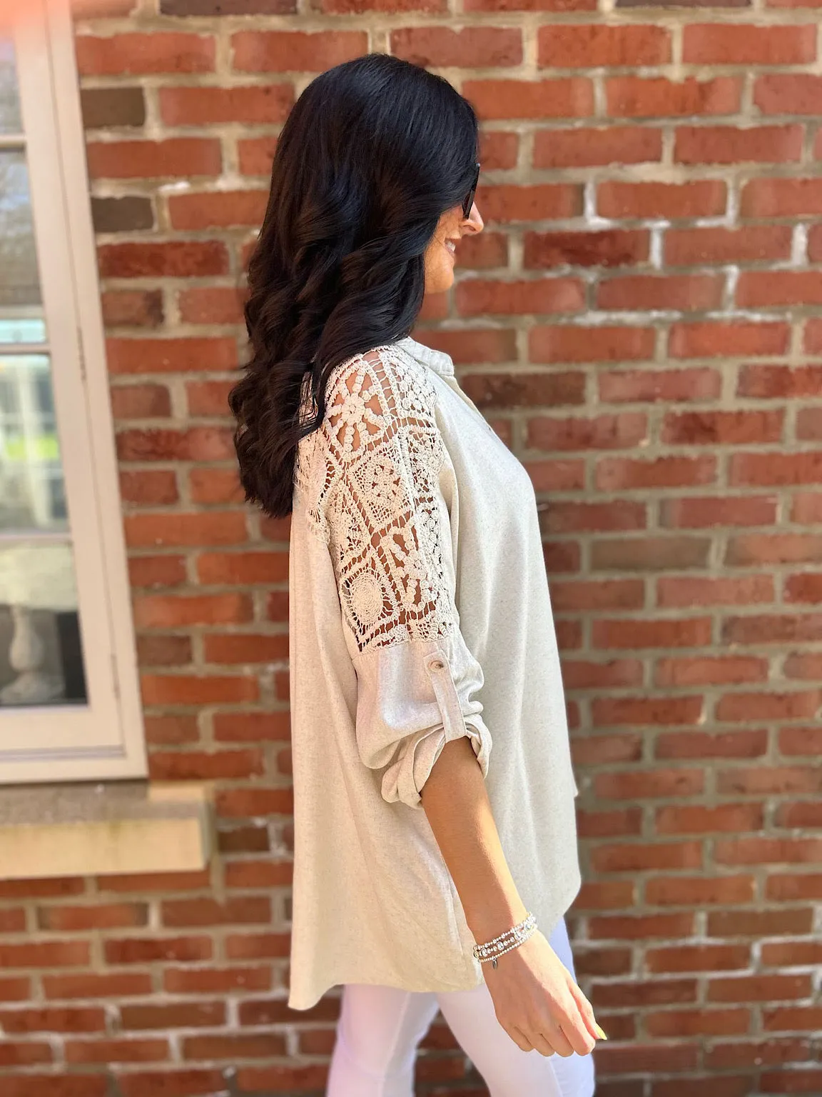 Stone Linen Blend Crochet Patterned Shirt Lois