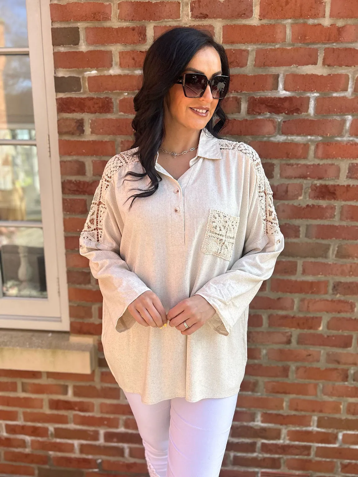 Stone Linen Blend Crochet Patterned Shirt Lois
