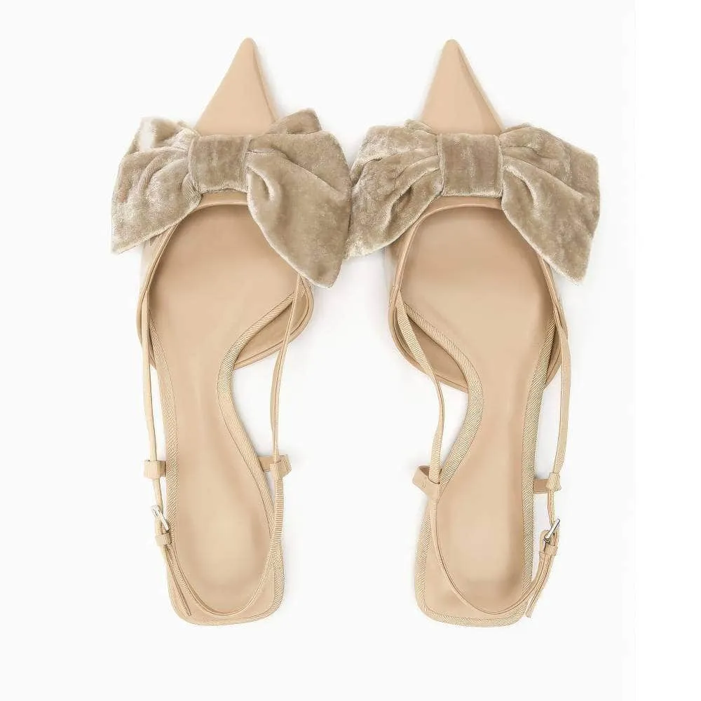 Velvet Bow Detailed Pointy Toe Flat Slingback Sandals
