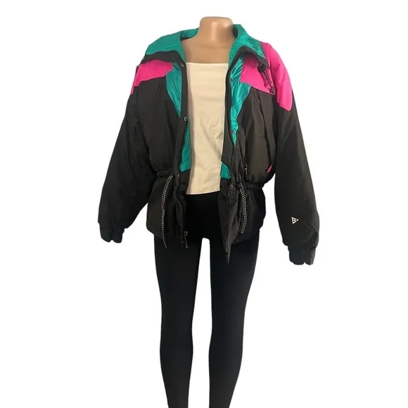Vintage 1990s Black Bear Pink &amp; Blue Ski Jacket