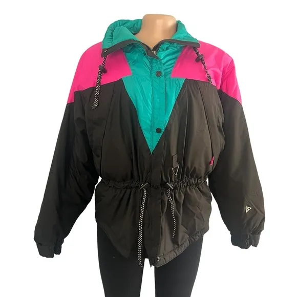 Vintage 1990s Black Bear Pink &amp; Blue Ski Jacket