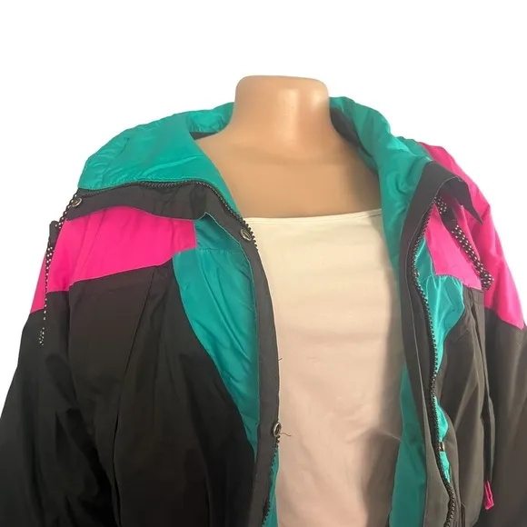 Vintage 1990s Black Bear Pink &amp; Blue Ski Jacket