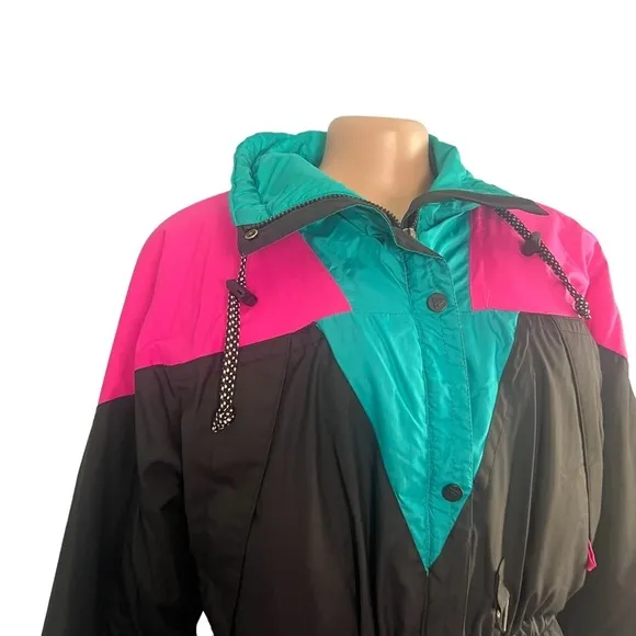 Vintage 1990s Black Bear Pink &amp; Blue Ski Jacket