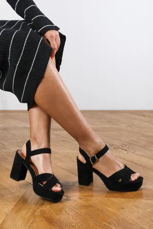 Vivian Platform Heels with Crossover Straps in Black Suede