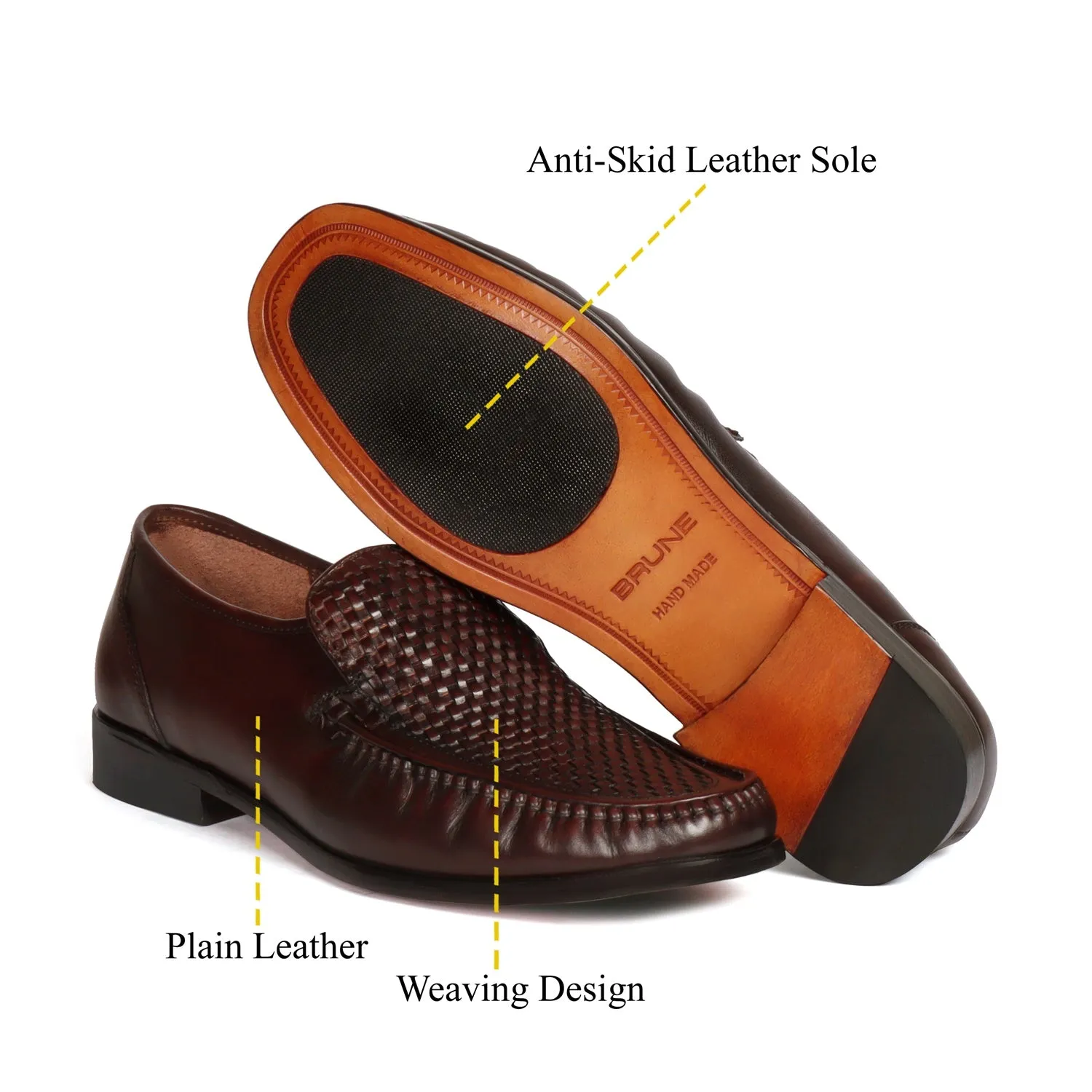 Weaved Vamp Leather Loafers in Dark Brown with Leather Sole